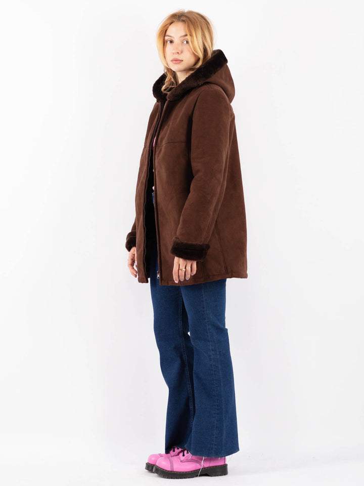 Vintage 90's Women Faux Sheepskin Coat in BrownV9600