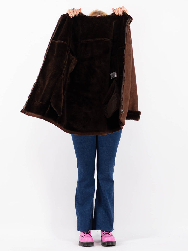 Vintage 90's Women Faux Sheepskin Coat in BrownV9600