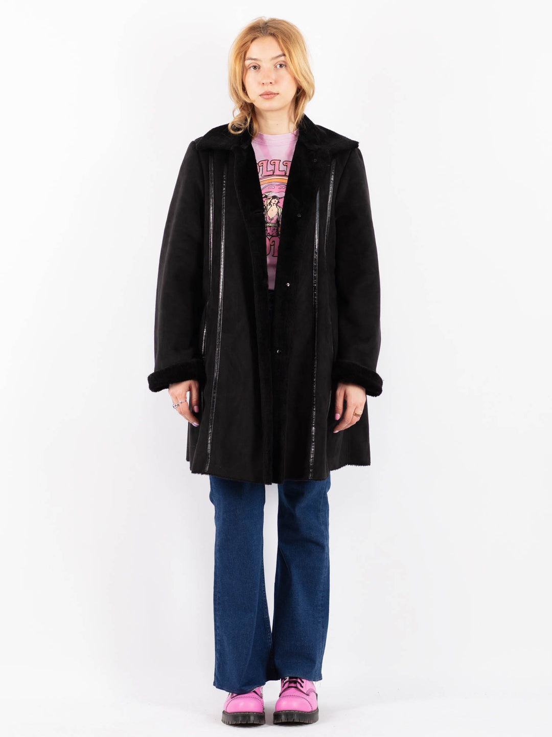 Vintage Women Faux Sheepskin Coat in BlackV9601
