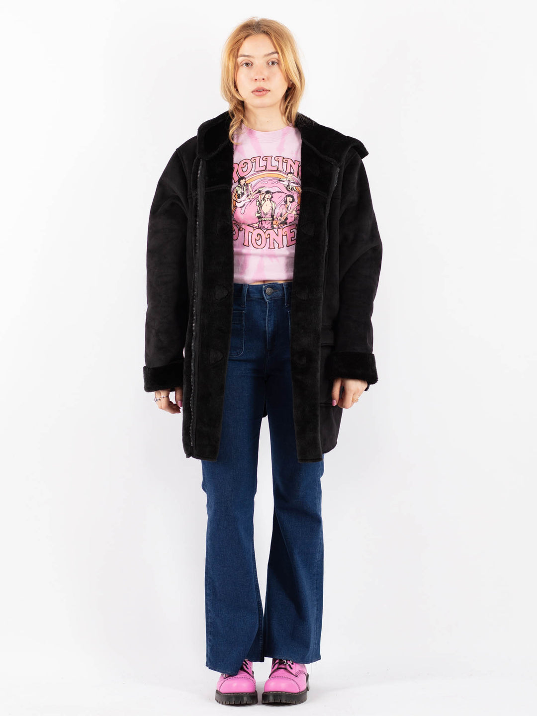 Vintage 90's Women Faux Sheepskin Coat in BlackV9602