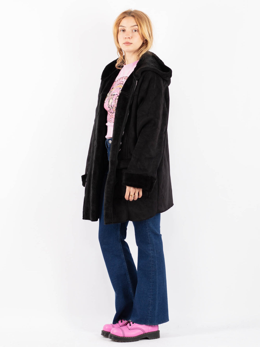 Vintage 90's Women Faux Sheepskin Coat in BlackV9602