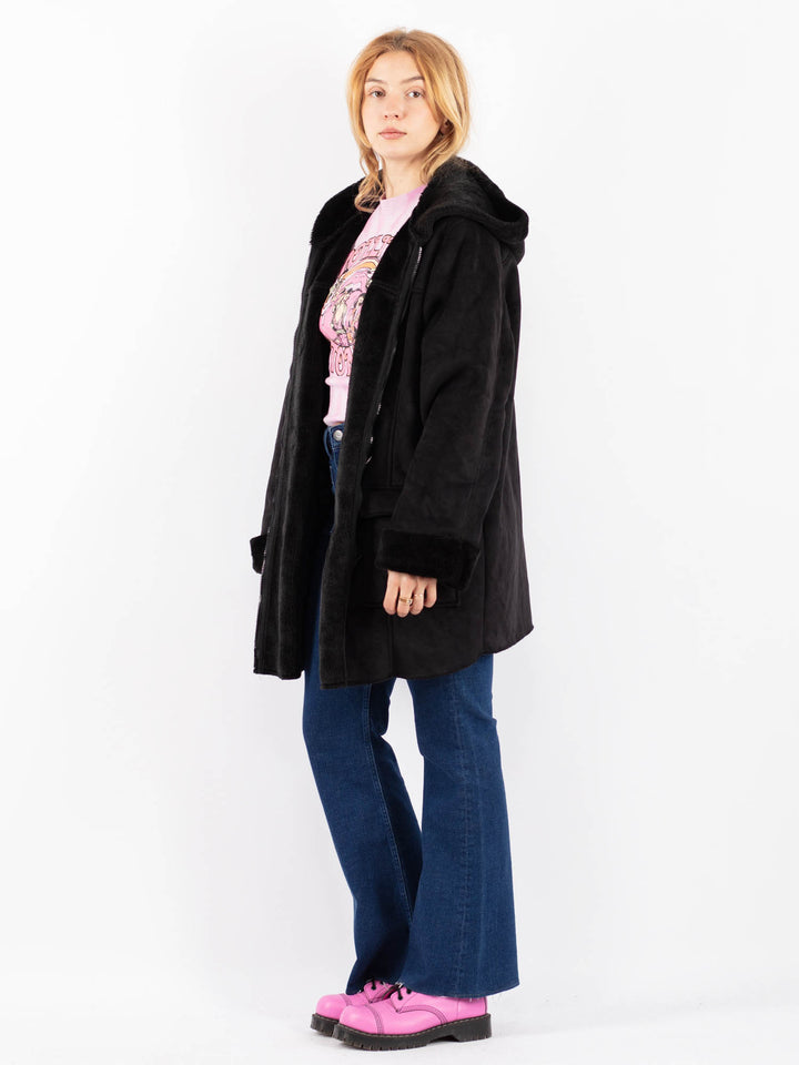 Vintage 90's Women Faux Sheepskin Coat in BlackV9602