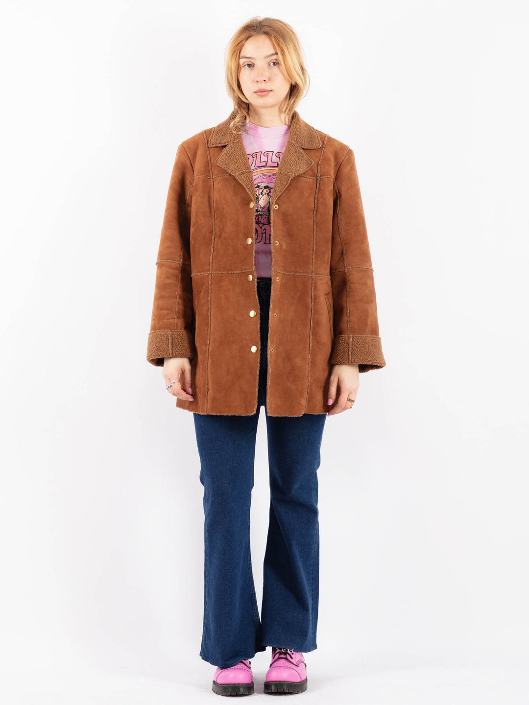 Vintage 90's Women Faux Sheepskin Coat in BrownV9603