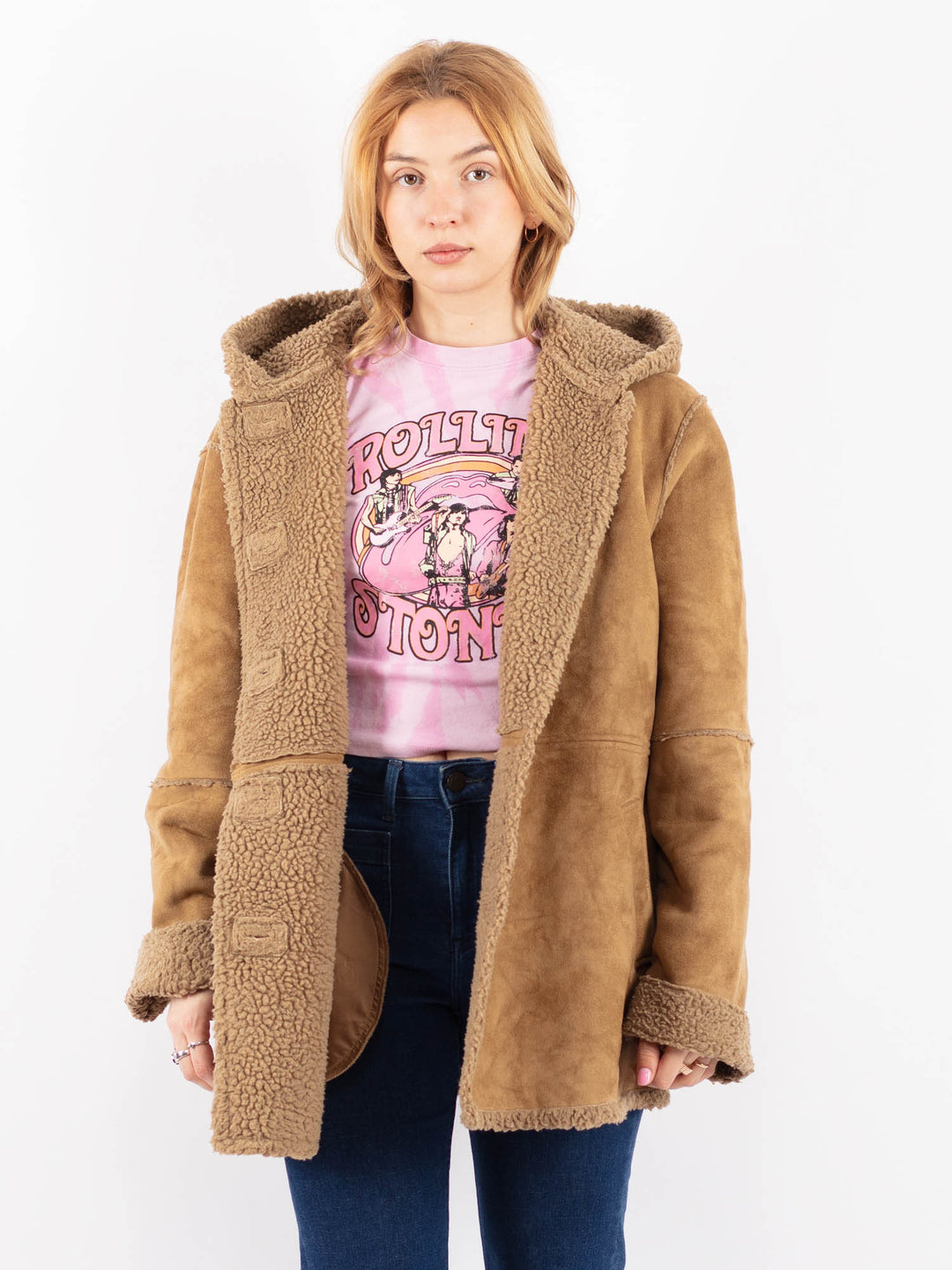 Vintage 90's Women Faux Sheepskin Coat in BeigeV9607