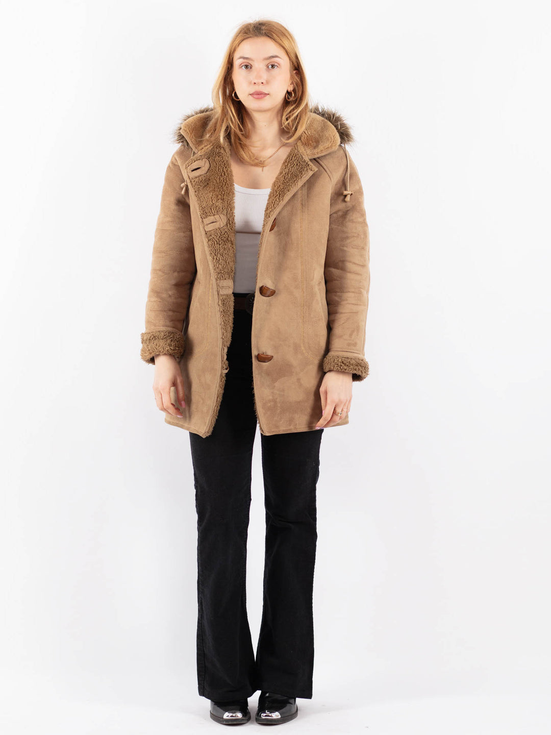 Vintage 90's Women Faux Sheepskin Coat in BeigeV9708