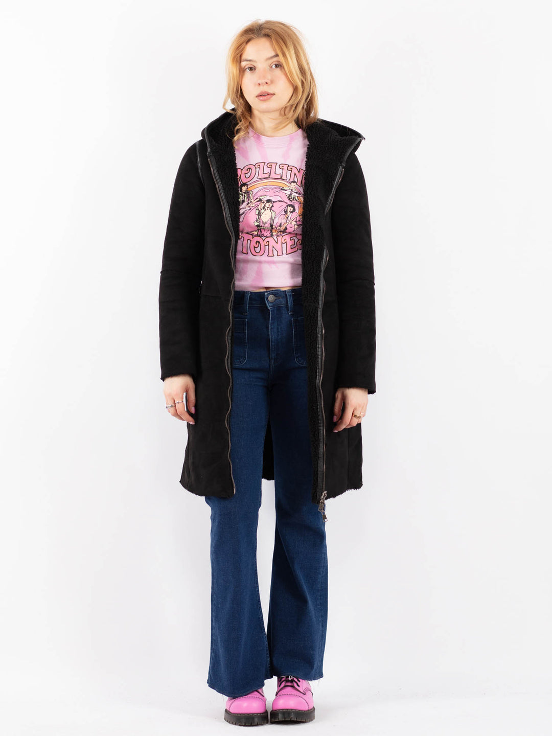 Vintage 90's Women Faux Sheepskin Coat in BlackV9609