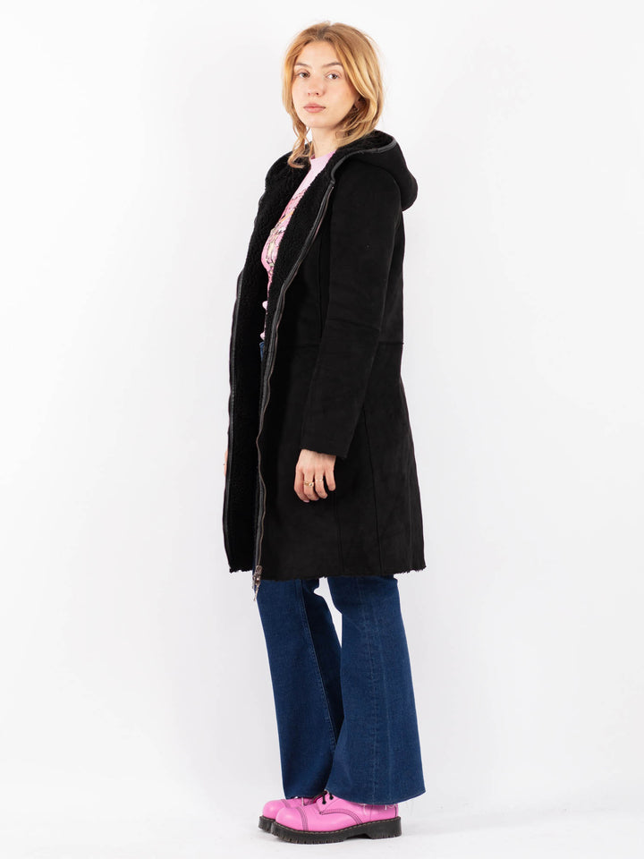 Vintage 90's Women Faux Sheepskin Coat in BlackV9609