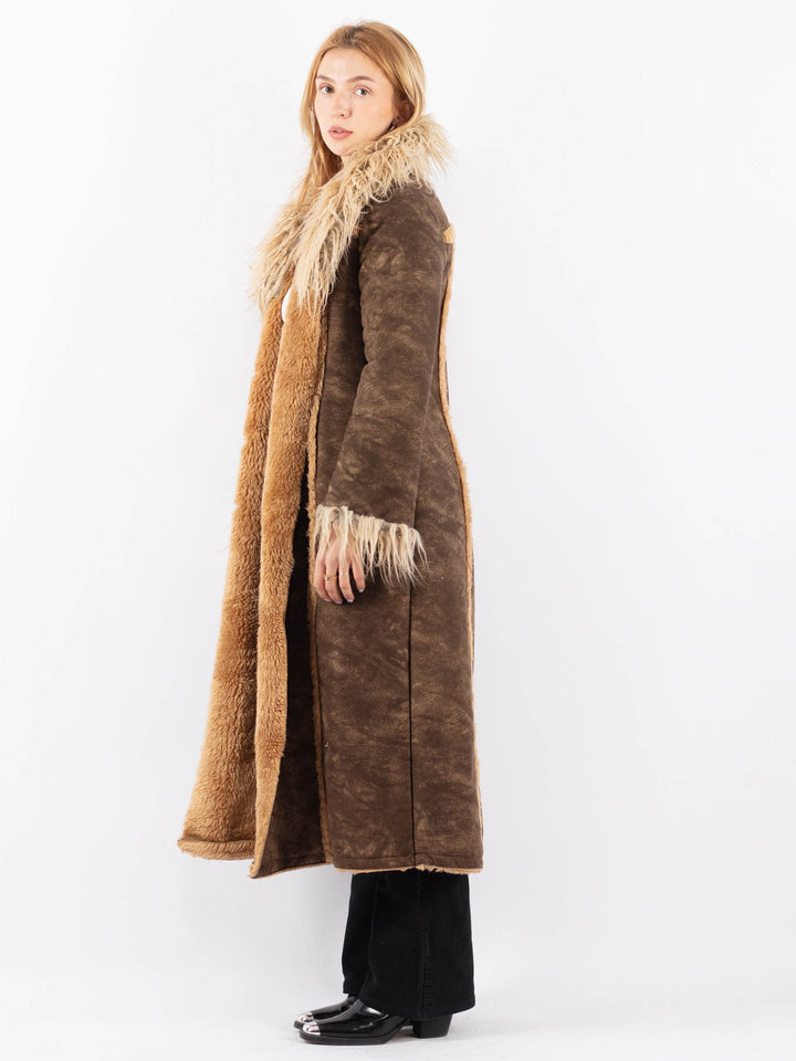 Vintage 90's Women Faux Sheepskin Coat in BrownV9714
