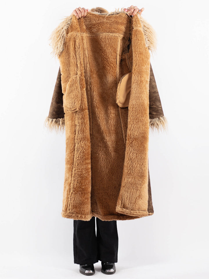 Vintage 90's Women Faux Sheepskin Coat in BrownV9714