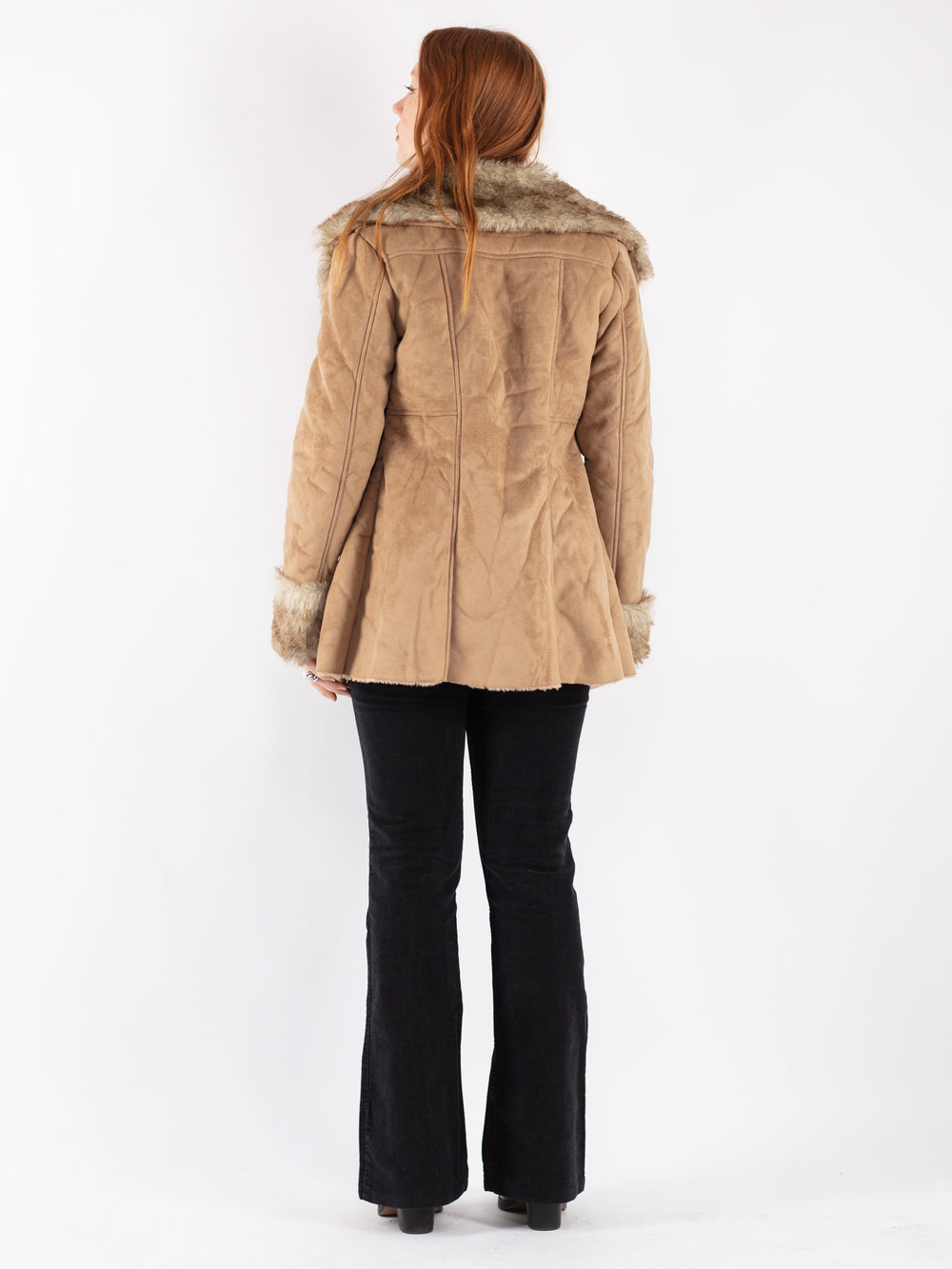 Vintage 90's Women Faux Sheepskin Coat in Beige