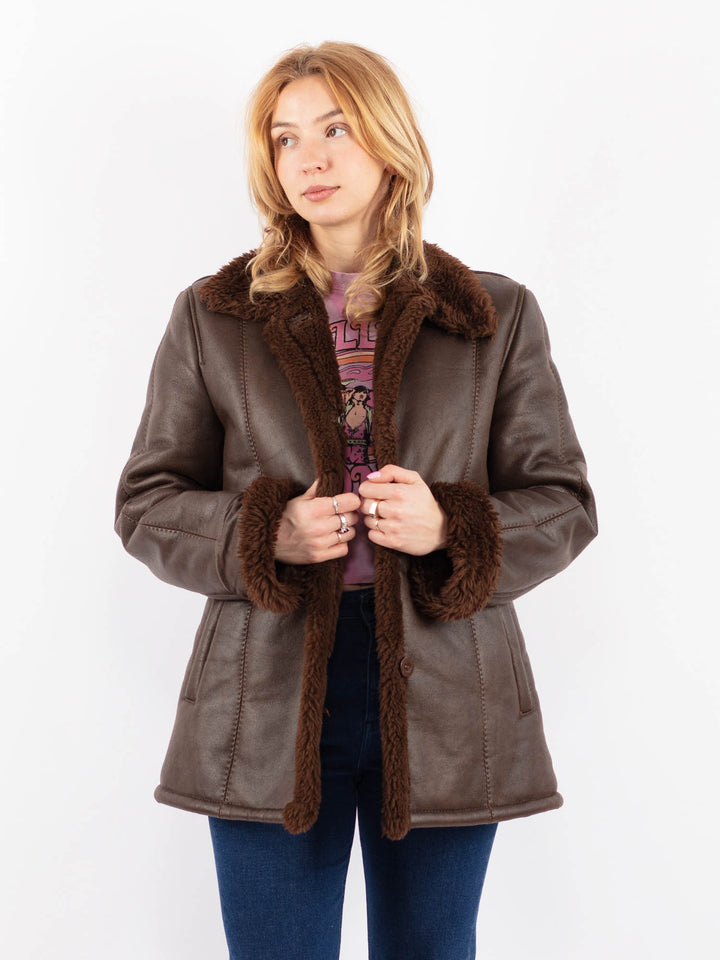 Vintage 90's Women Faux Sheepskin Coat in BrownV9615