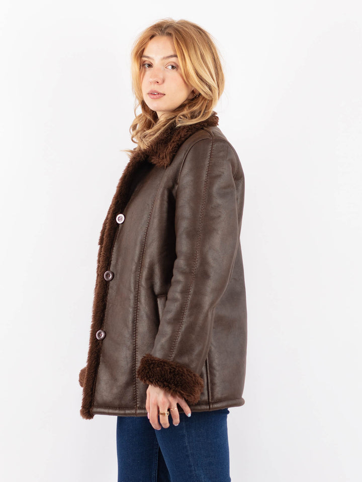 Vintage 90's Women Faux Sheepskin Coat in BrownV9615