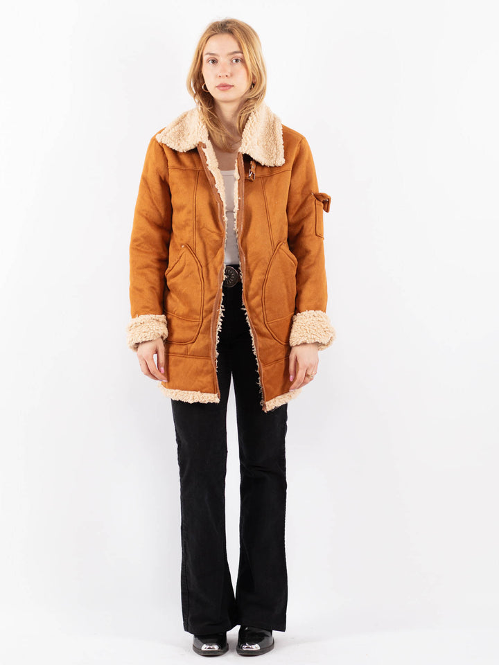 Vintage 90's Women Faux Sheepskin Coat in BrownV9717