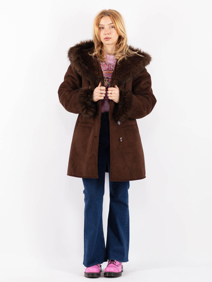 Vintage 90's Women Faux Sheepskin Coat in BrownV9616