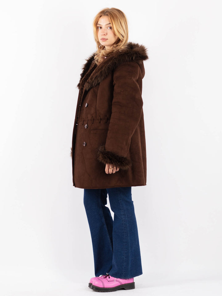 Vintage 90's Women Faux Sheepskin Coat in BrownV9616