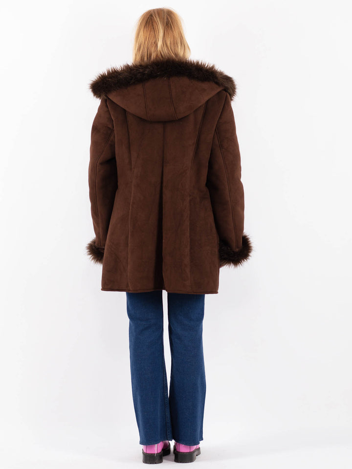 Vintage 90's Women Faux Sheepskin Coat in BrownV9616