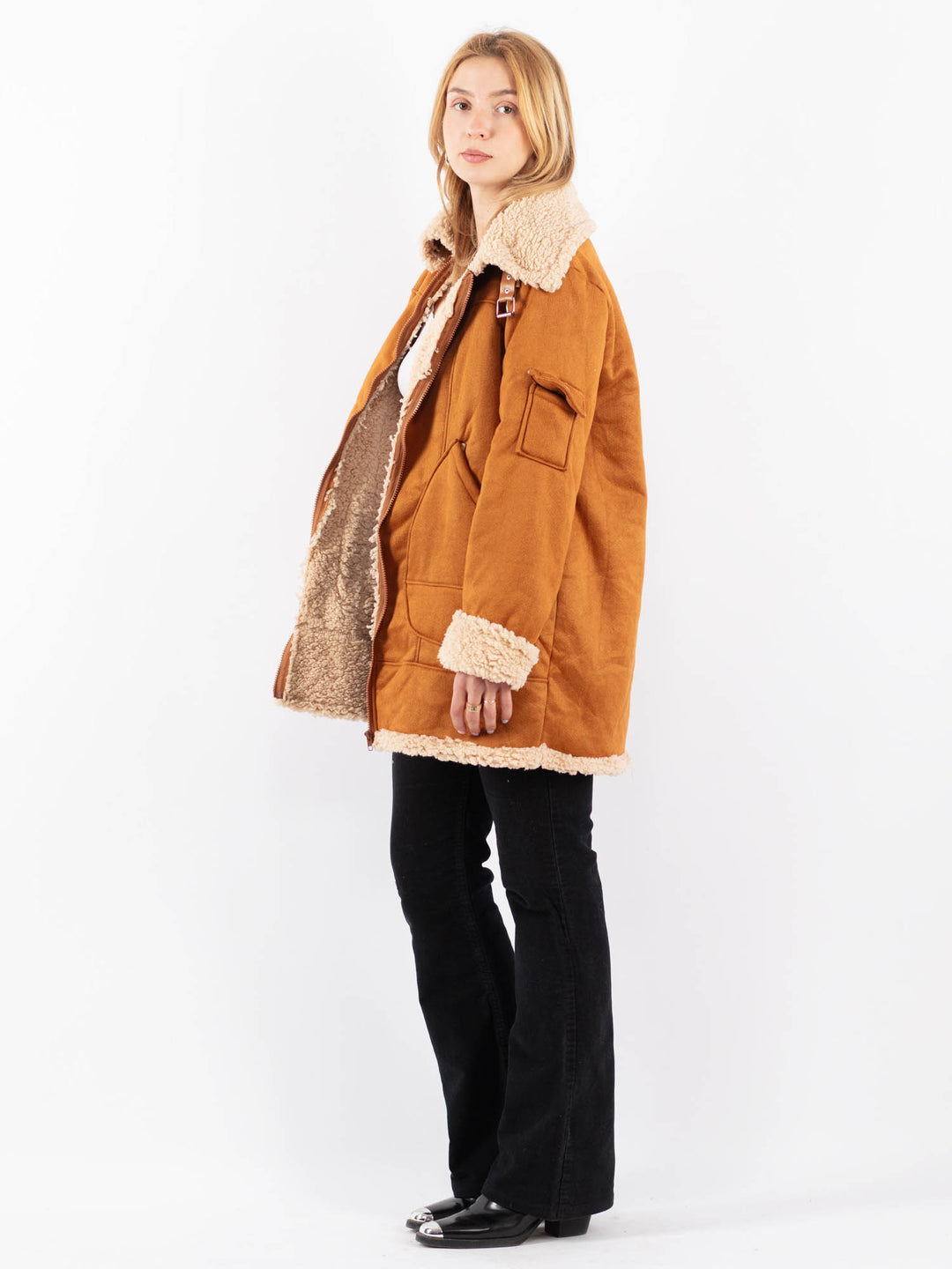 Vintage 90's Women Faux Sheepskin Coat in BrownV9717