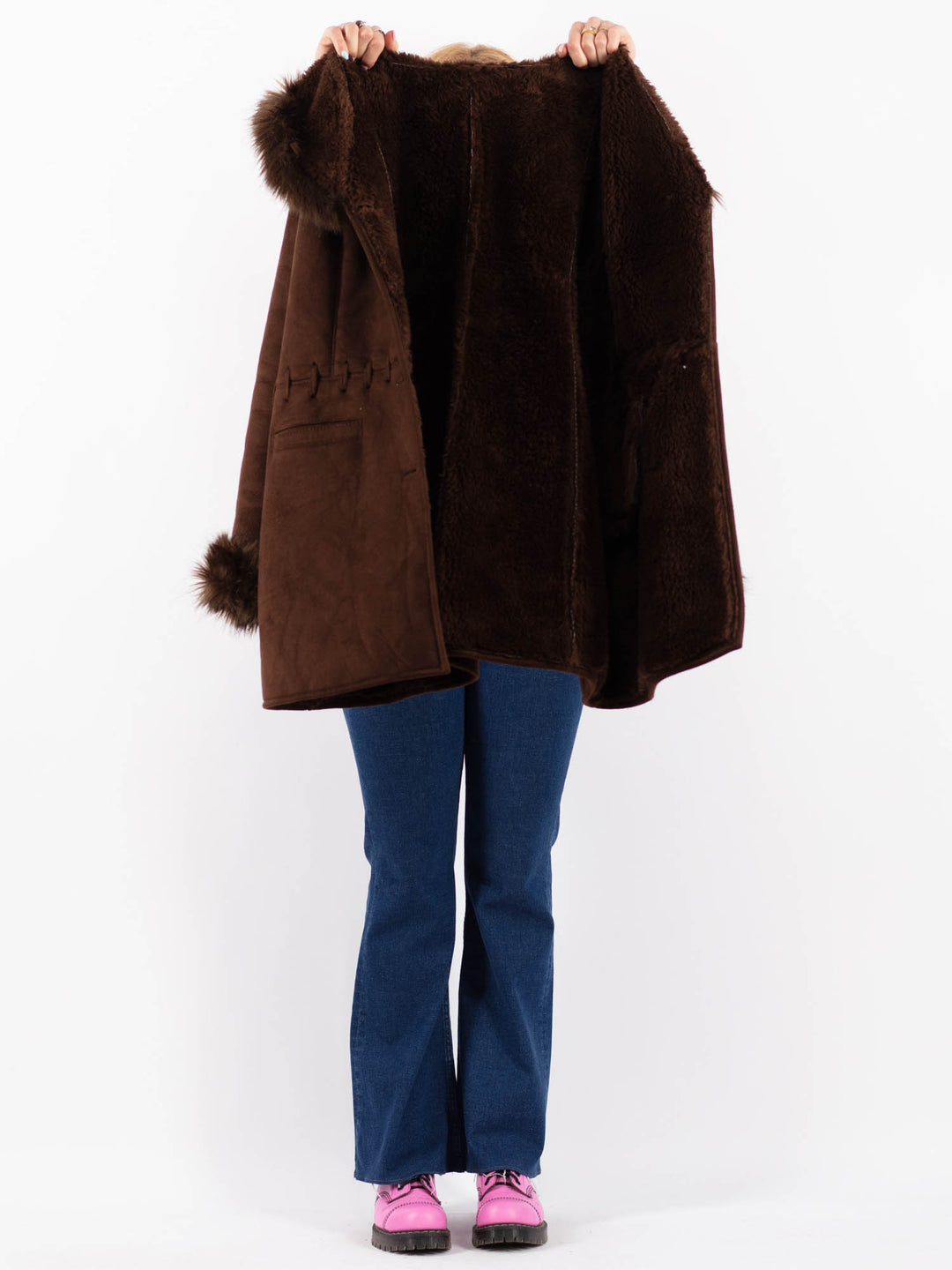 Vintage 90's Women Faux Sheepskin Coat in BrownV9616