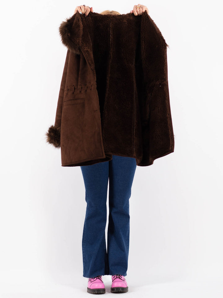 Vintage 90's Women Faux Sheepskin Coat in BrownV9616