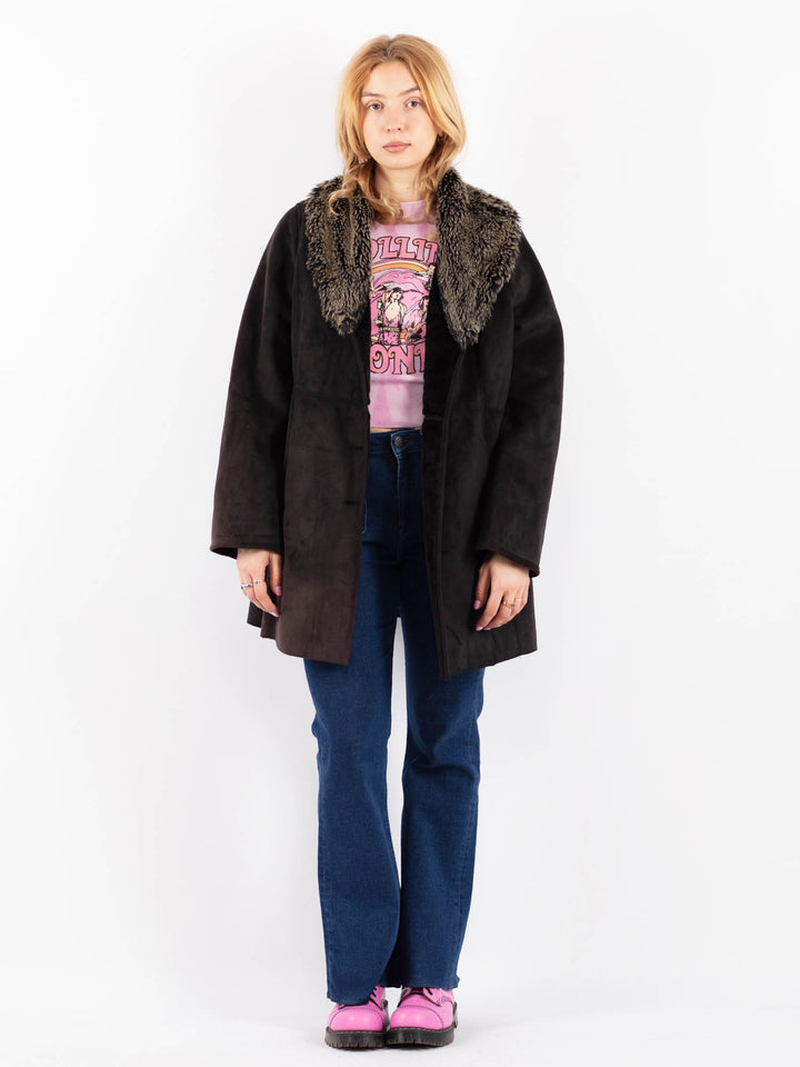 Vintage 90's Women Faux Sheepskin Coat in BlackV9617