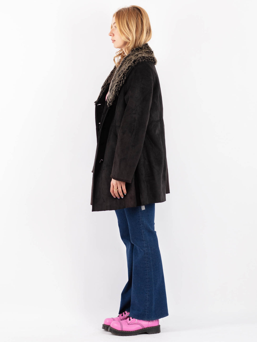 Vintage 90's Women Faux Sheepskin Coat in BlackV9617
