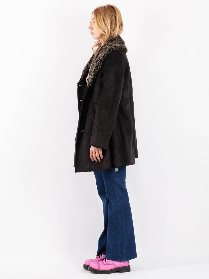 Vintage 90's Women Faux Sheepskin Coat in BlackV9617