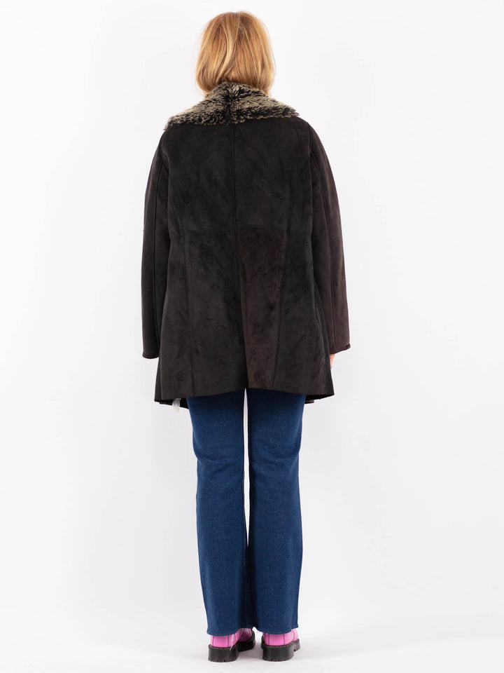 Vintage 90's Women Faux Sheepskin Coat in BlackV9617