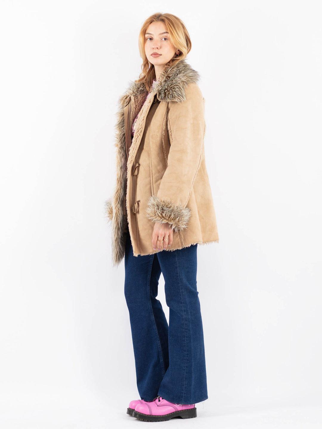 Vintage 90's Women Faux Sheepskin Coat in BeigeV9621