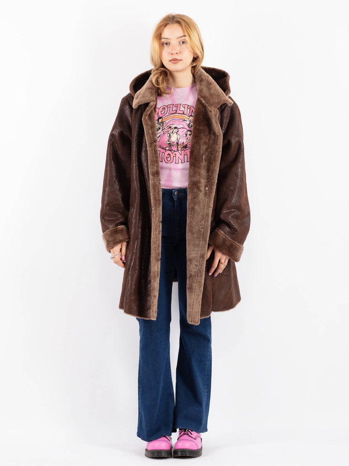 Vintage 90's Women Faux Sheepskin Coat in BrownV9622