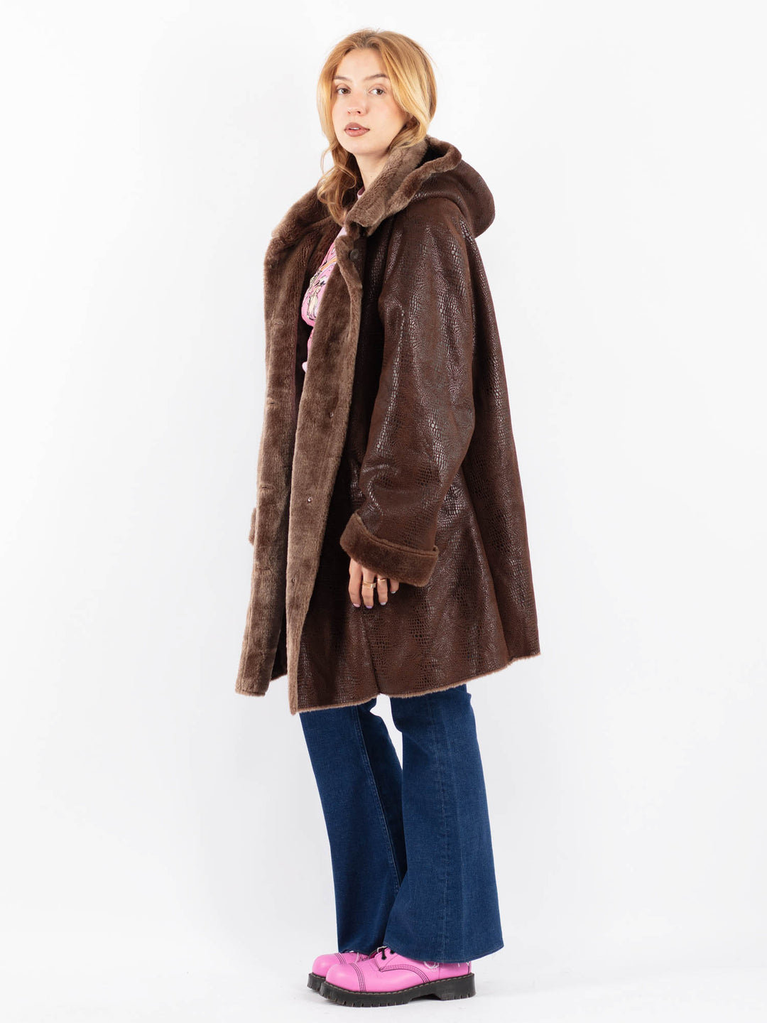 Vintage 90's Women Faux Sheepskin Coat in BrownV9622