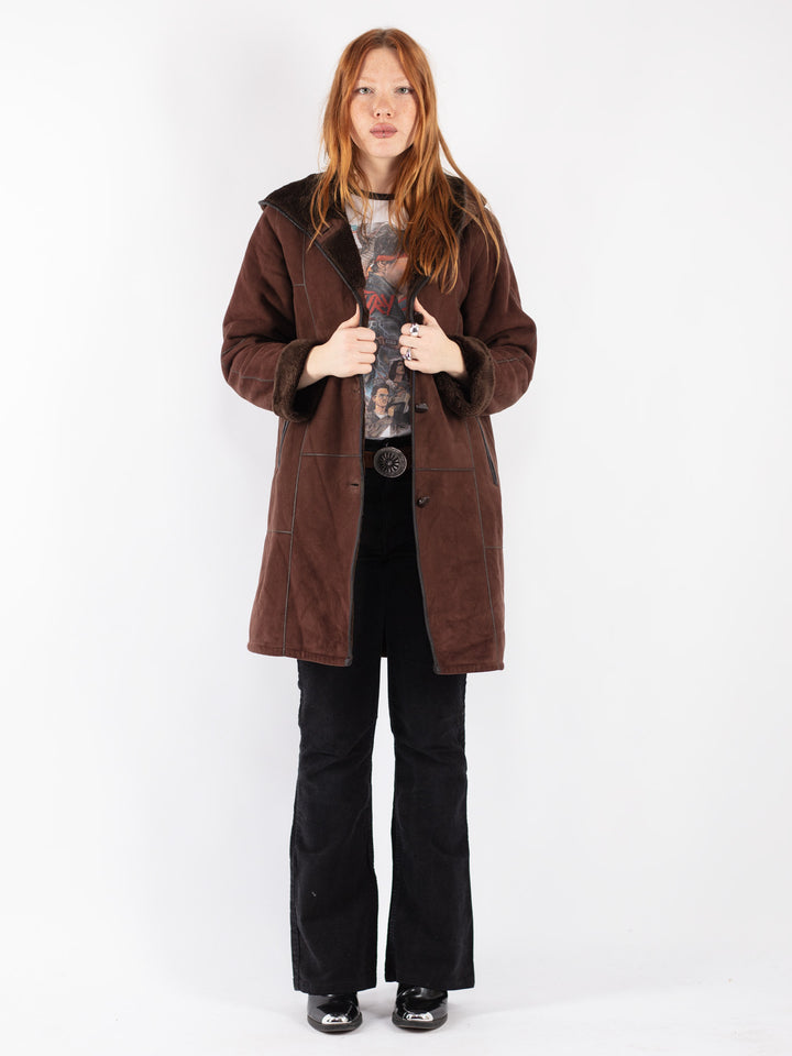 Vintage 90's Women Faux Sheepskin Coat in Brown