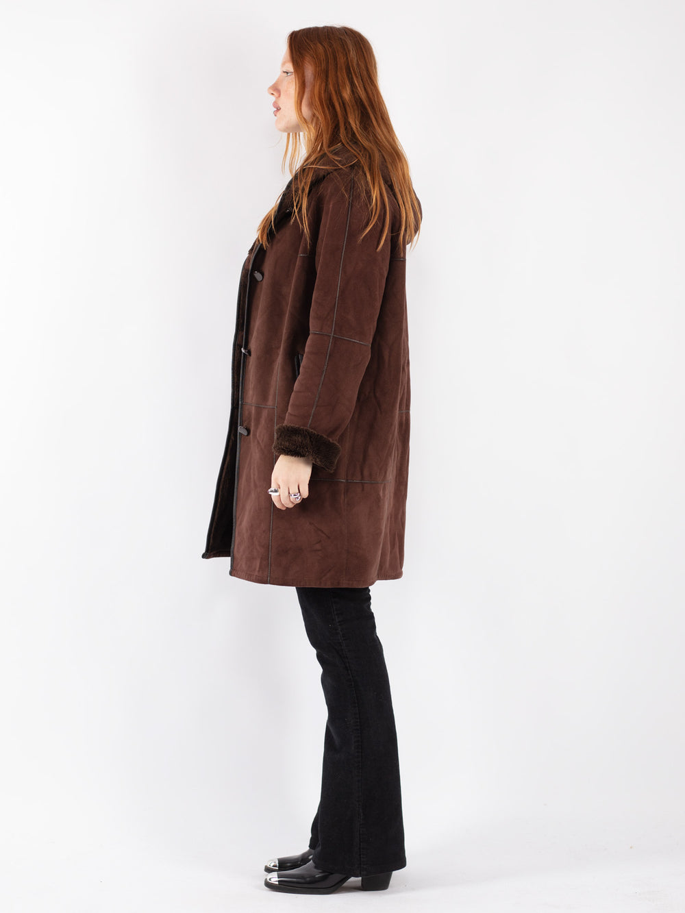 Vintage 90's Women Faux Sheepskin Coat in Brown