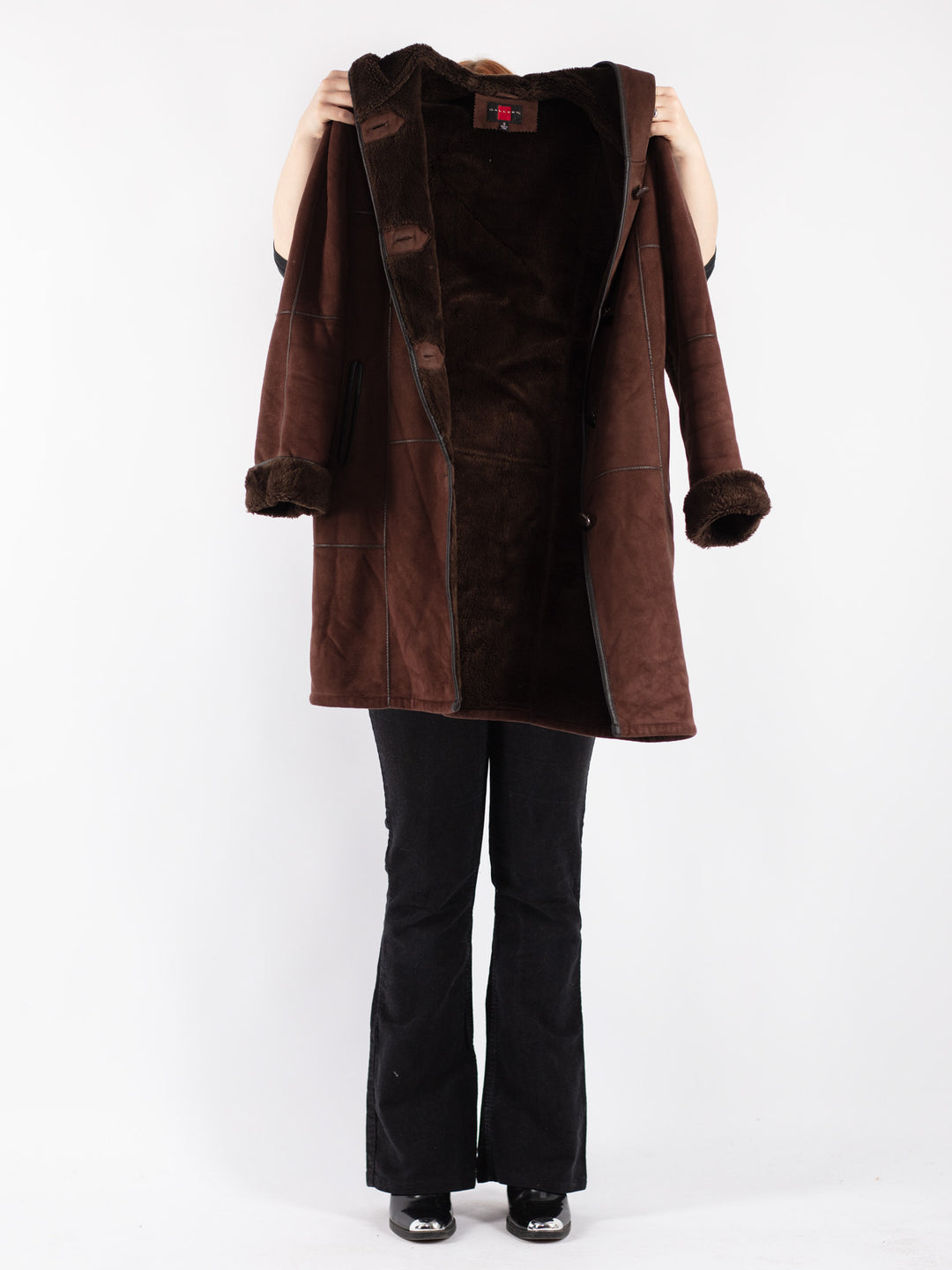 Vintage 90's Women Faux Sheepskin Coat in Brown