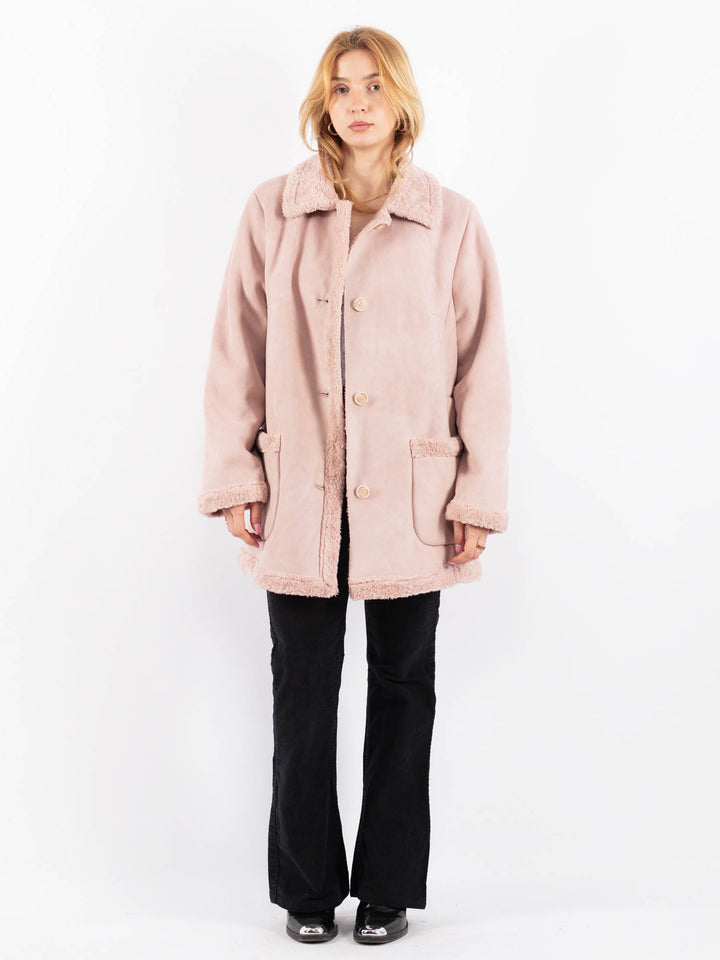 Vintage 90's Women Faux Sheepskin Coat in PinkV9729