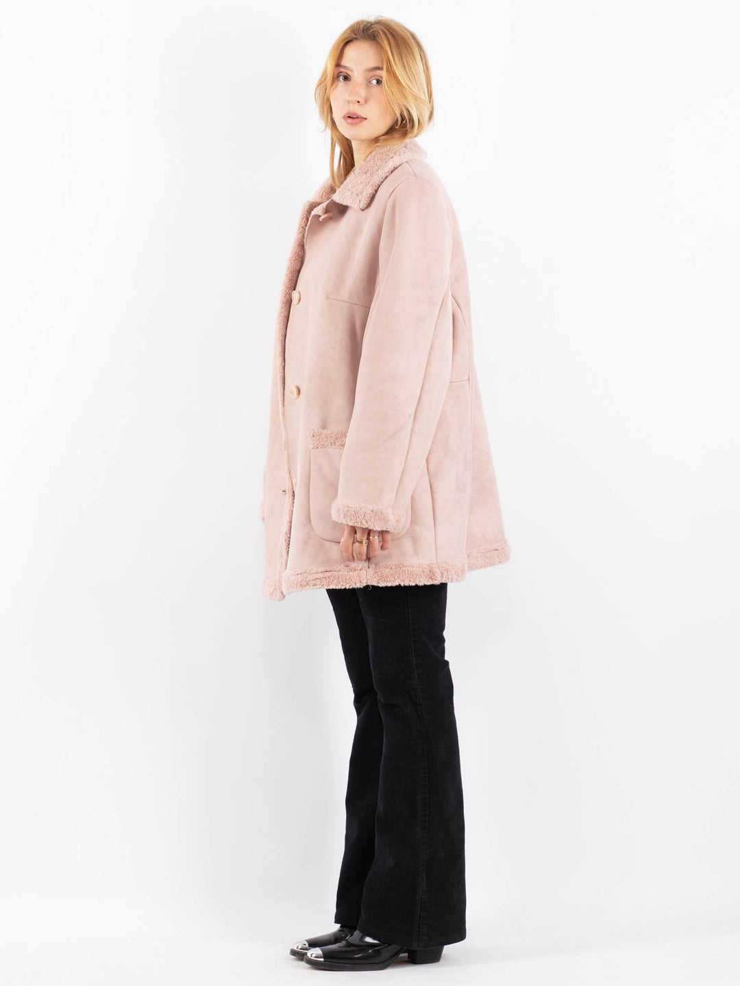 Vintage 90's Women Faux Sheepskin Coat in PinkV9729