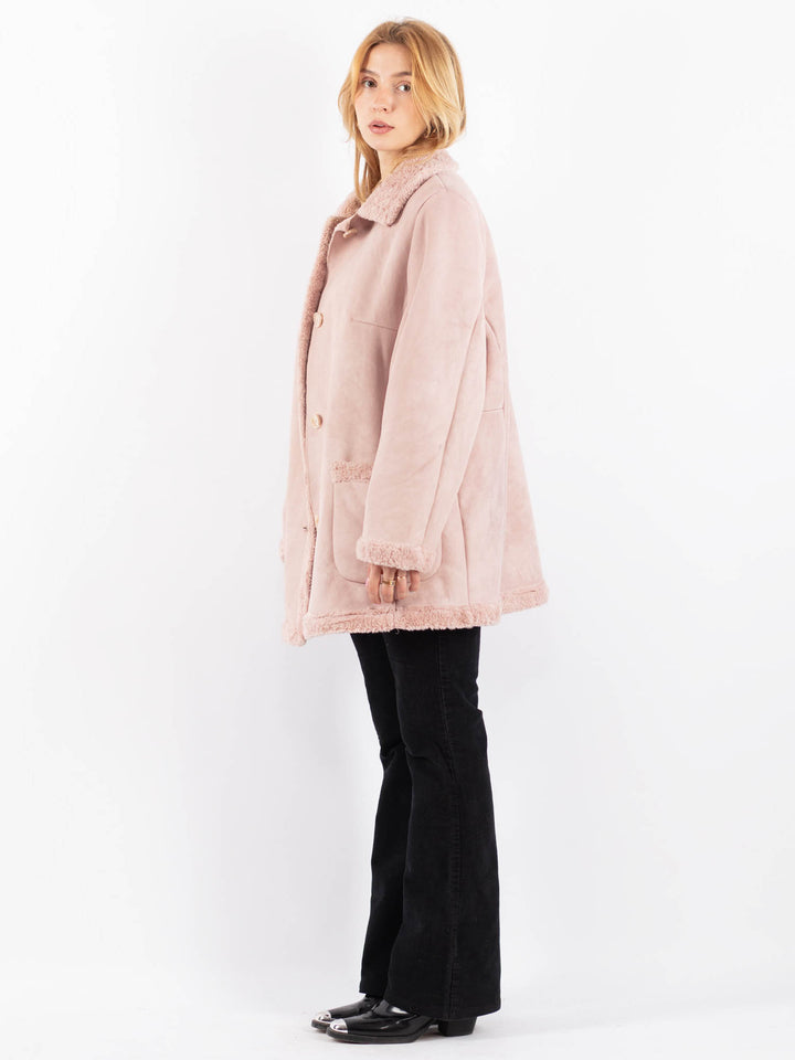 Vintage 90's Women Faux Sheepskin Coat in PinkV9729