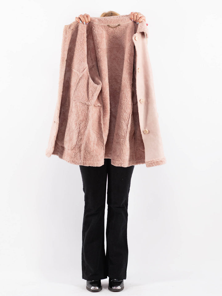 Vintage 90's Women Faux Sheepskin Coat in PinkV9729
