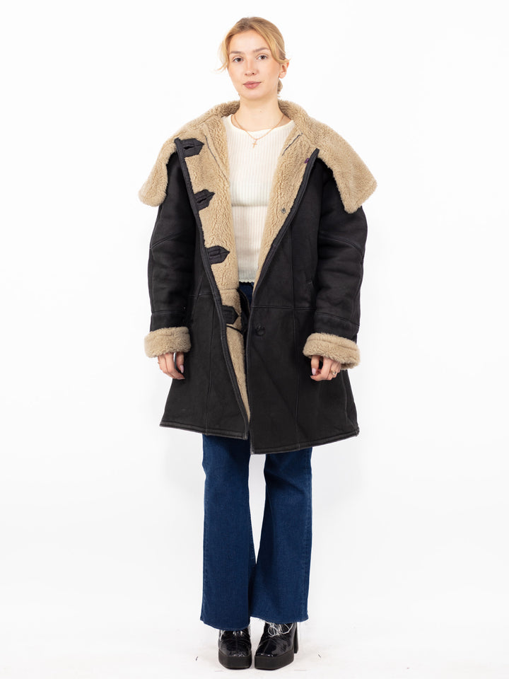 Vintage 90's Women Oversized Faux Sheepskin Coat in Black