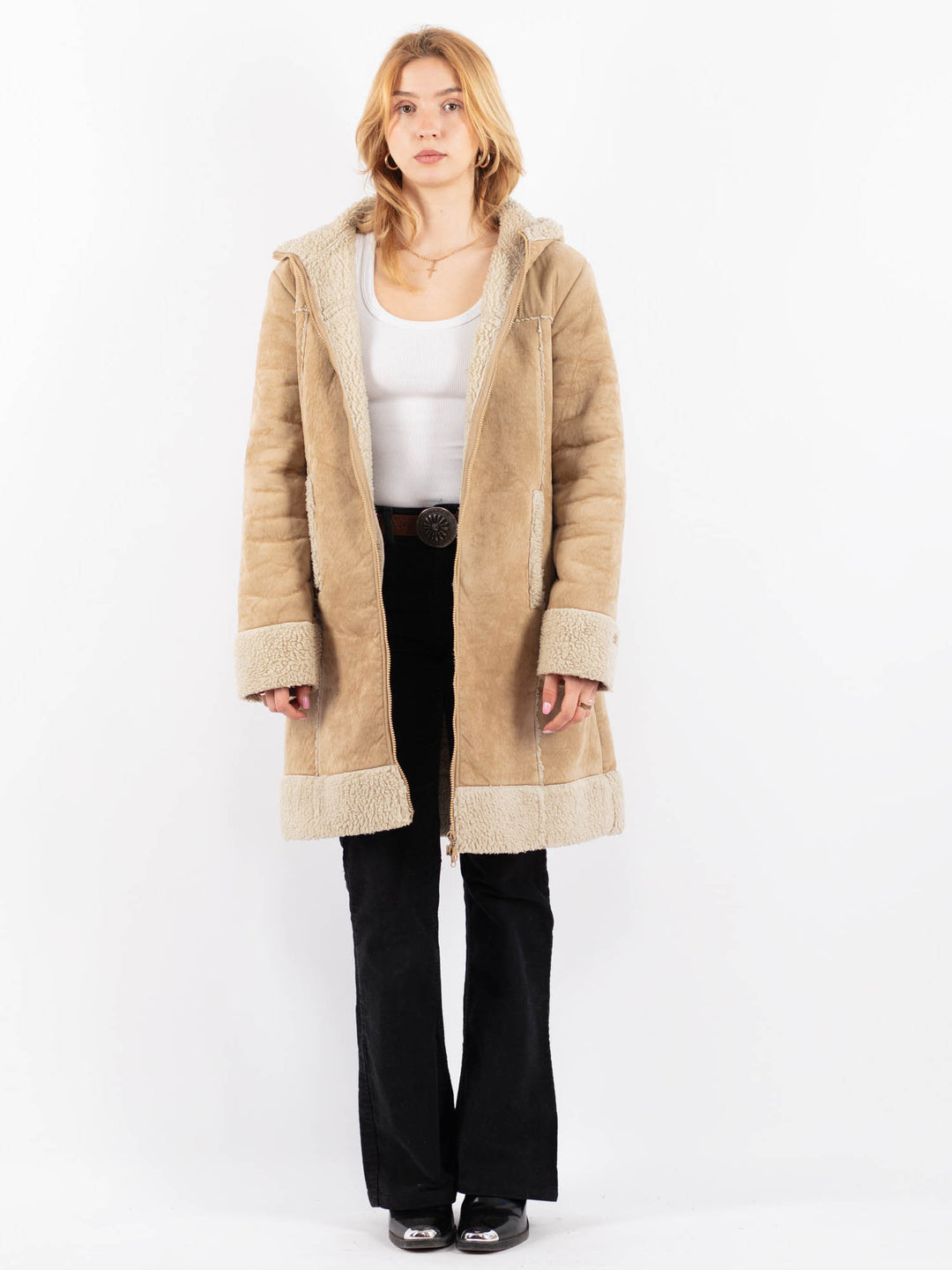 Vintage 90's Women Faux Sheepskin Coat in BeigeV9731