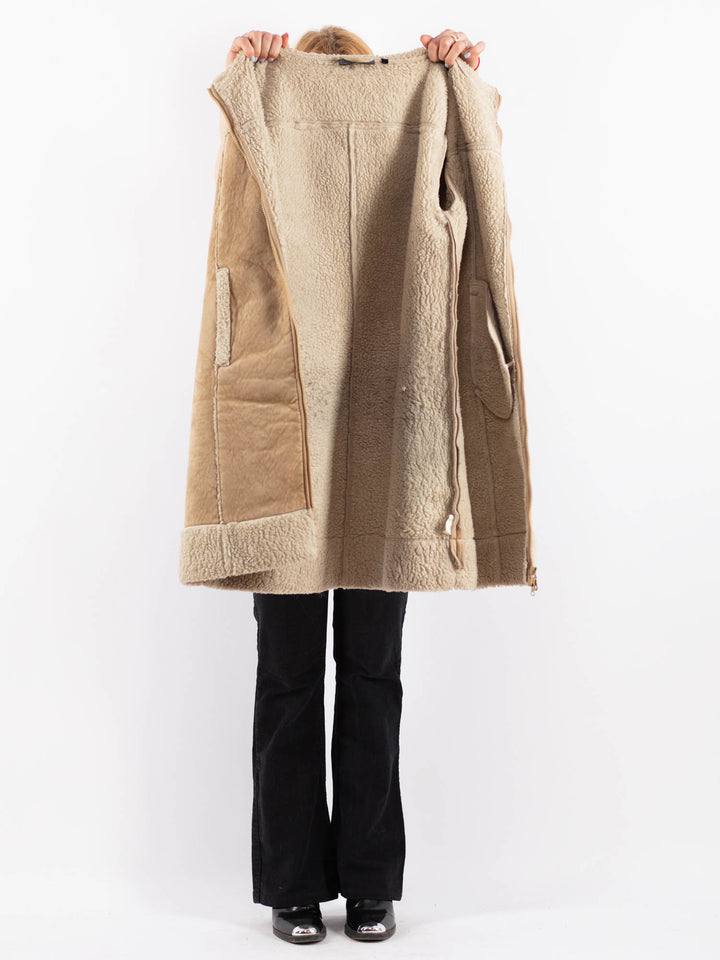 Vintage 90's Women Faux Sheepskin Coat in BeigeV9731