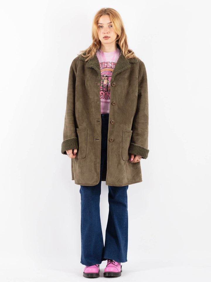Vintage 90's Women Faux Sheepskin Coat in GreenV9630
