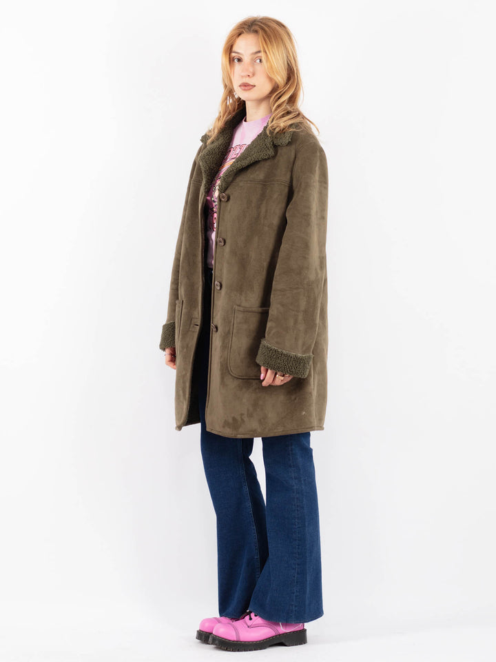 Vintage 90's Women Faux Sheepskin Coat in GreenV9630