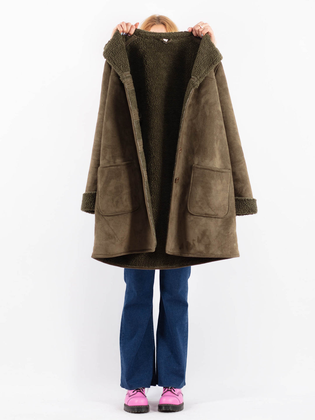 Vintage 90's Women Faux Sheepskin Coat in GreenV9630
