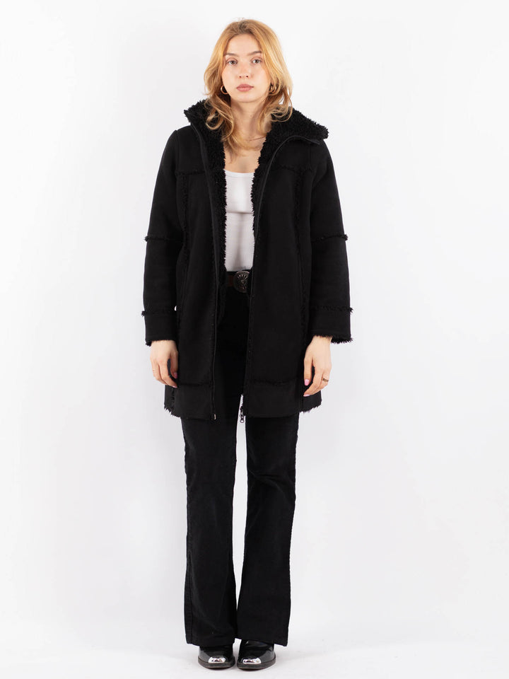 Vintage 90's Women Faux Sheepskin Coat in BlackV9733
