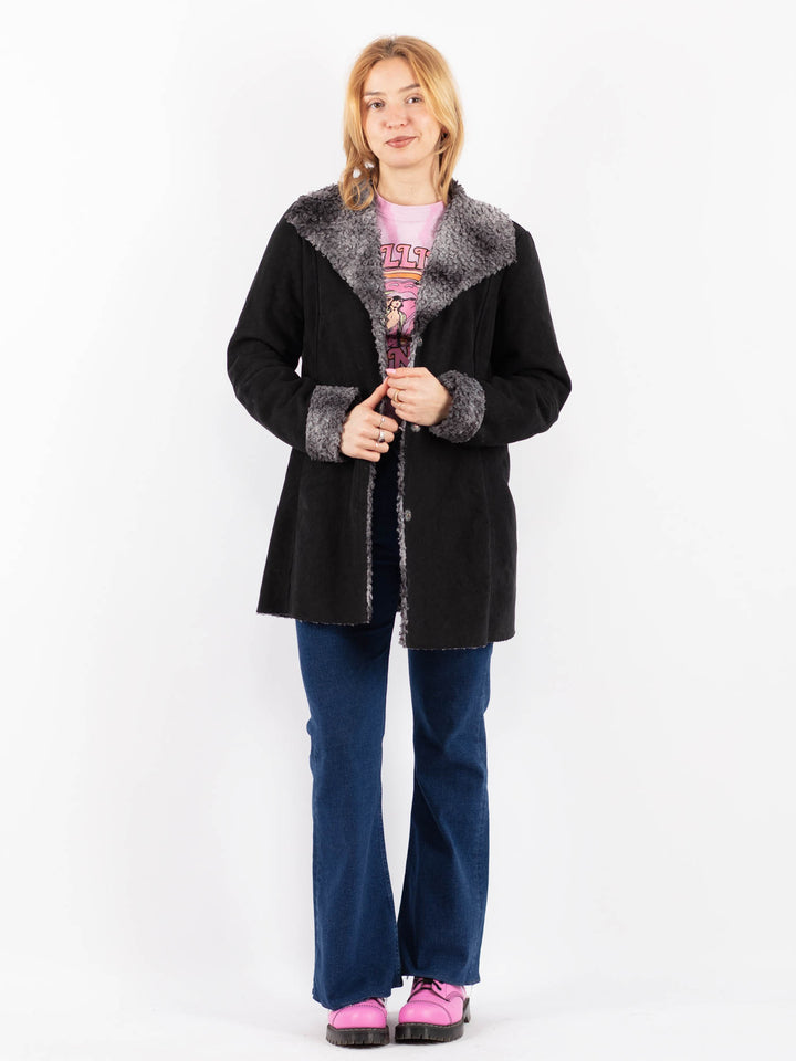 Vintage 90's Women Faux Sheepskin Coat in BlackV9631