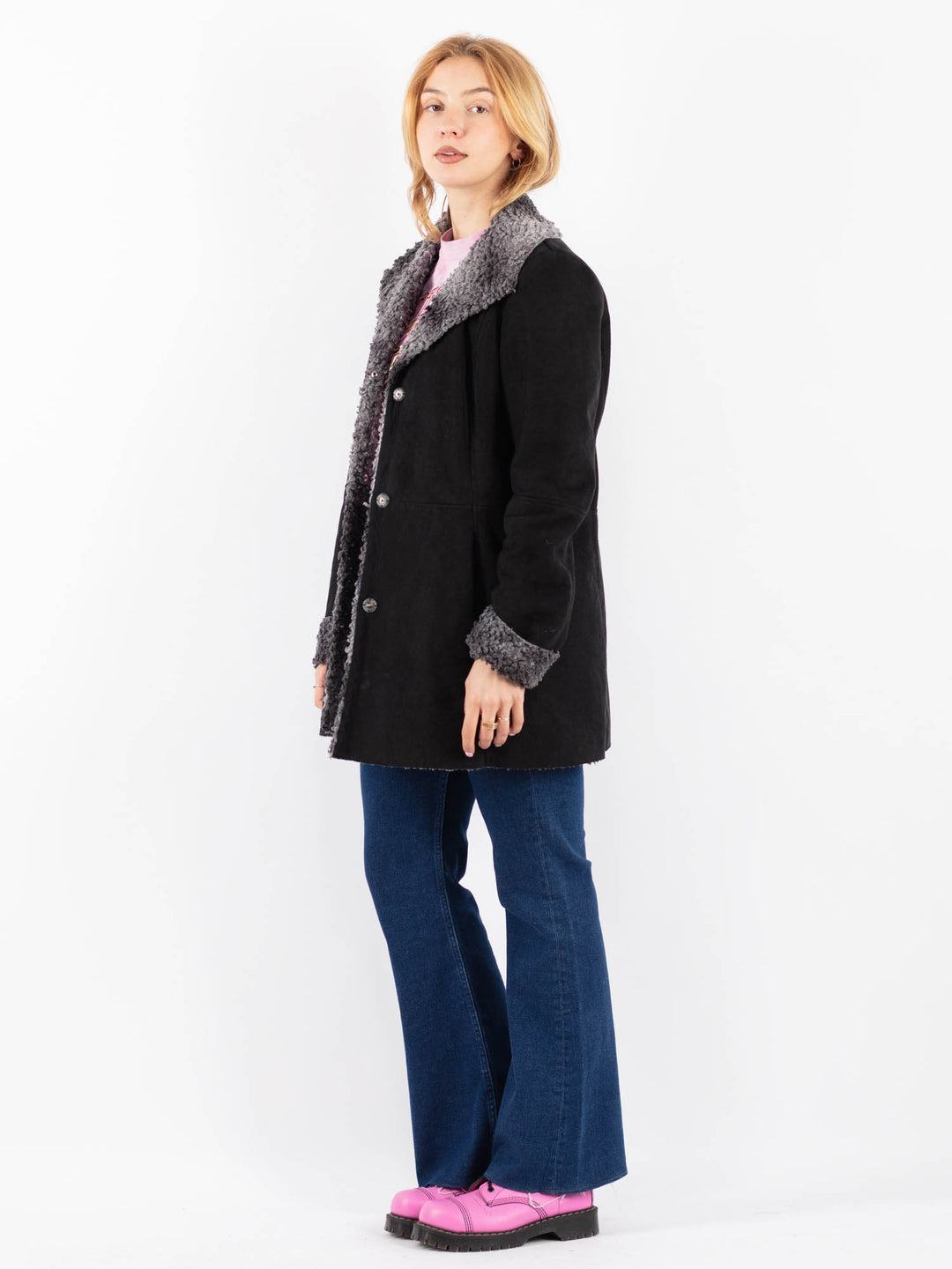 Vintage 90's Women Faux Sheepskin Coat in BlackV9631