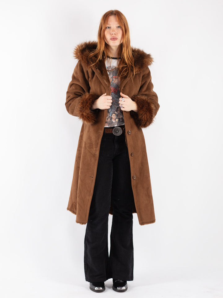 Vintage Women Faux Sheepskin Coat in Brown