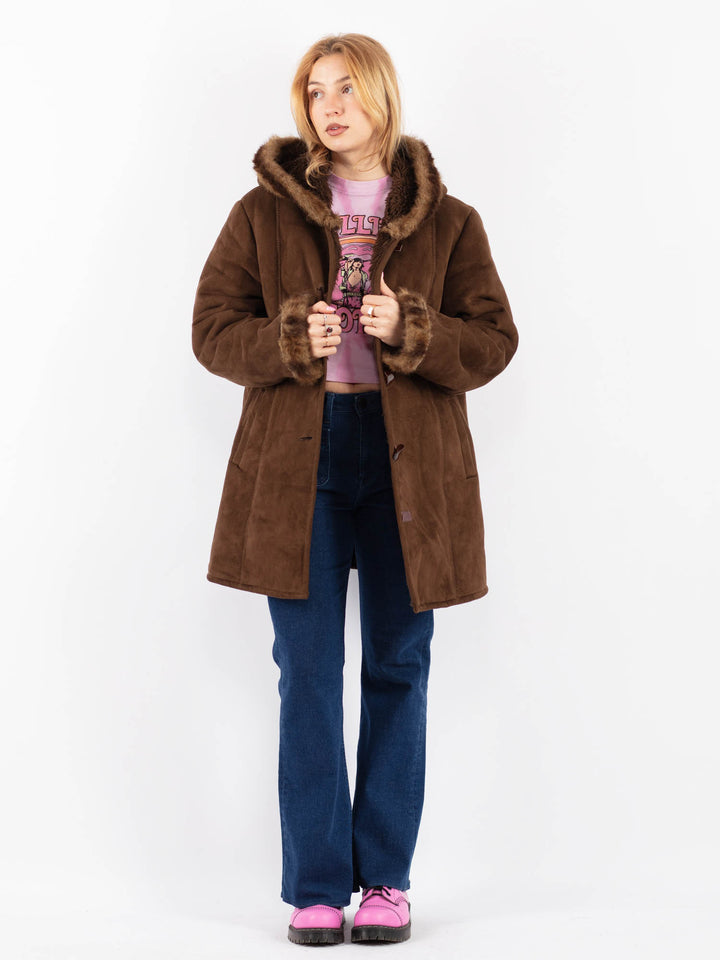 Vintage 90's Women Faux Sheepskin Coat in BrownV9632