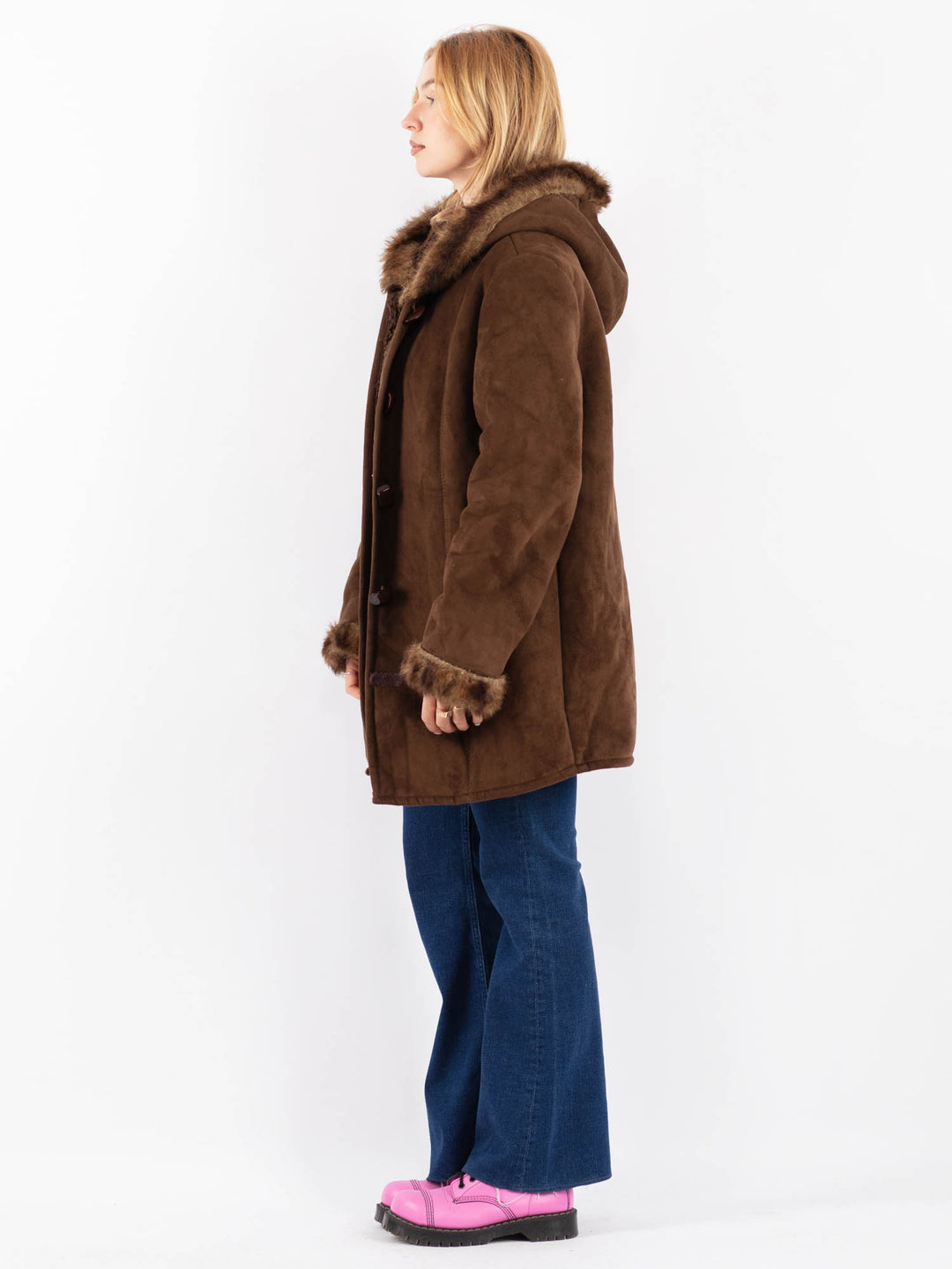 Vintage 90's Women Faux Sheepskin Coat in BrownV9632