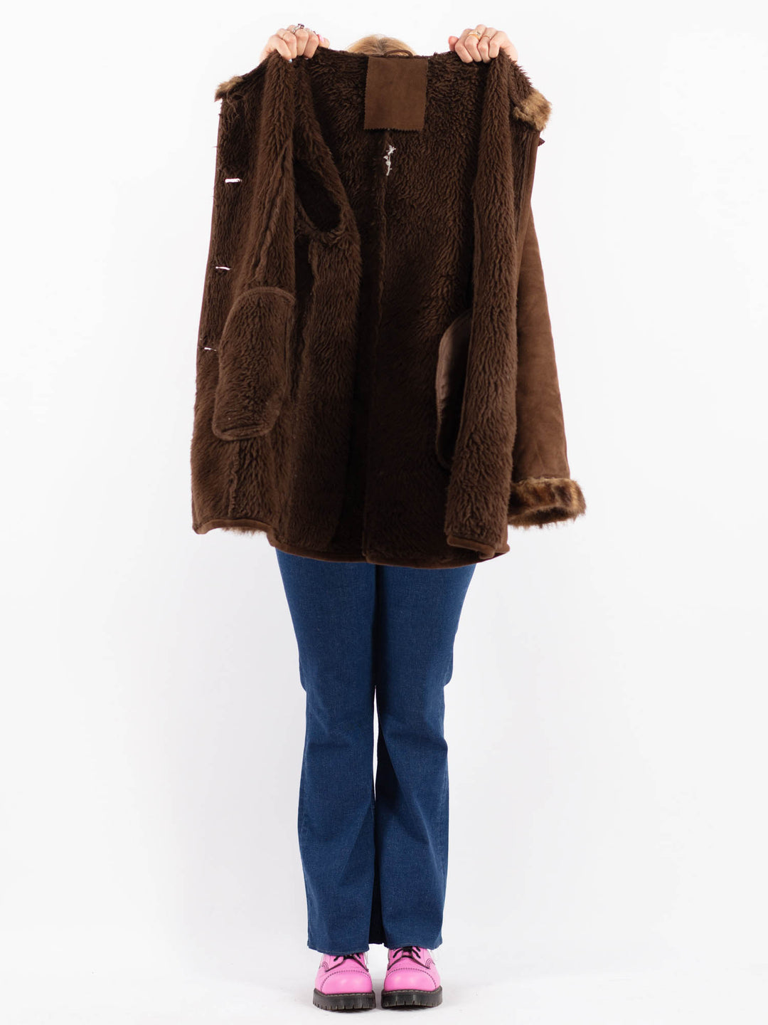 Vintage 90's Women Faux Sheepskin Coat in BrownV9632